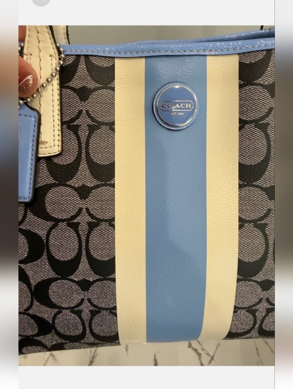 Authentic Coach Signature Canvas Tote with Blue & Cream Stripe.Smoke Free Home - Picture 12 of 16